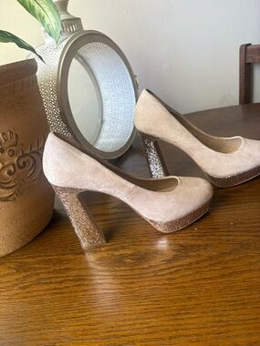 Elle Blush Suede Platform Pumps with Glitter Block Heel